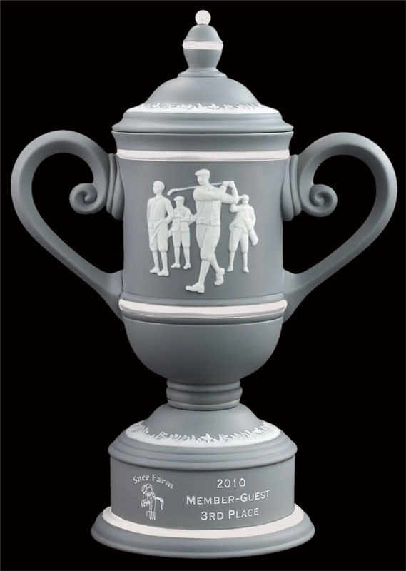 Light gray ceramic trophy cup with vintage male golf scene - 12" ht.