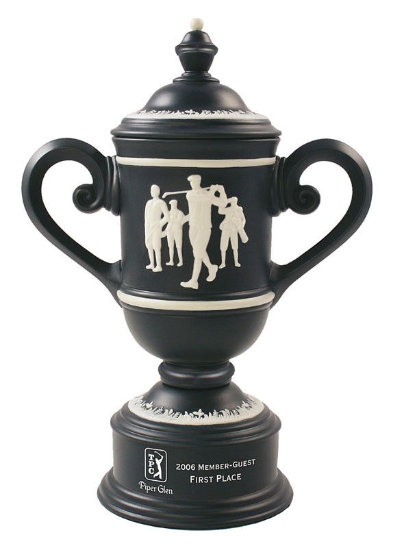 Charcoal gray & bone ceramic trophy cup - 14" ht.