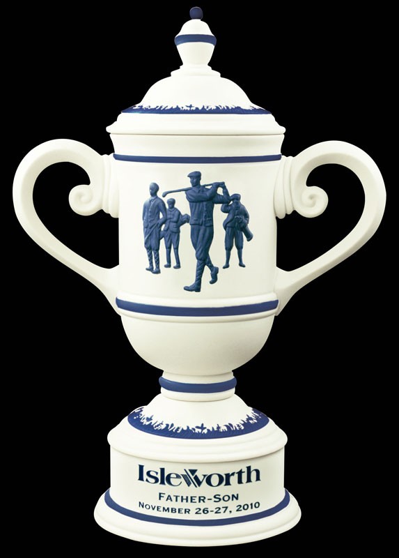 Cream & blue ceramic trophy cup with vintage male golf scene and sand carved copy/and or logo - 14" ht.