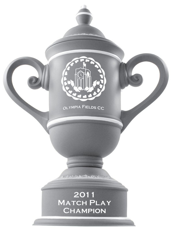 Grey & ivory ceramic trophy cup with custom logo & copy - 12" ht.