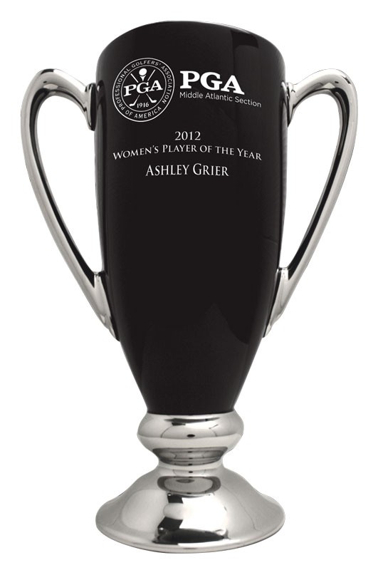 High gloss black & silver glazed ceramic trophy cup with handles, sand carved logo and/or copy - 13 1/2" ht.