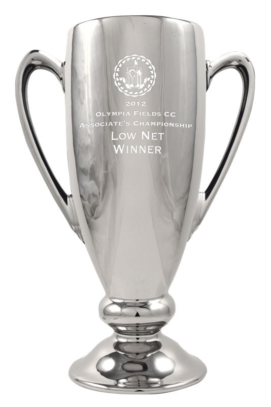 High gloss silver glazed ceramic trophy cup with handles, sand carved logo and/or copy - 11 1/2" ht.