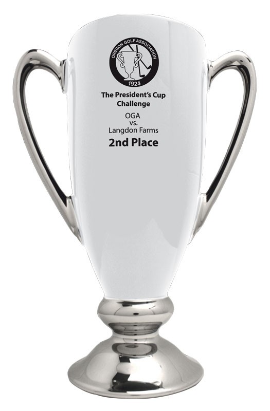 High gloss white & silver glazed ceramic trophy cup with handles, sand carved logo and/or copy - 11 1/2" ht.