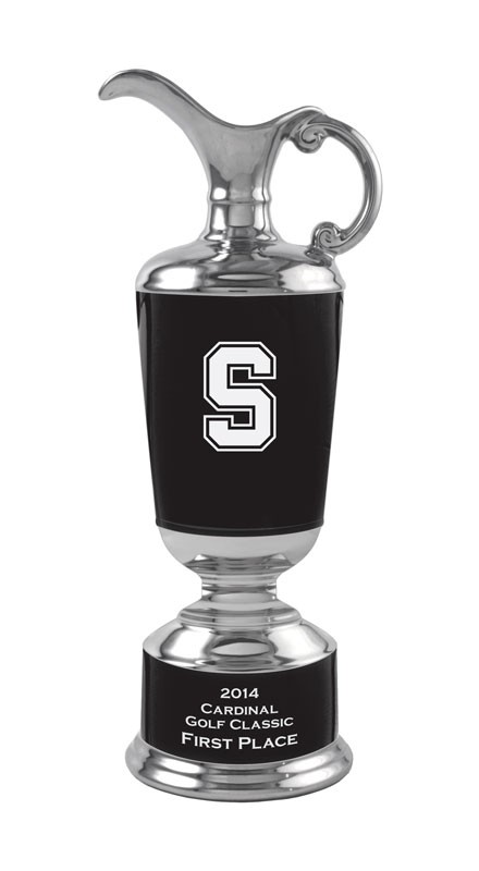 High gloss black & silver glazed ceramic claret jug with sand carved logo and/or copy - 15" ht.