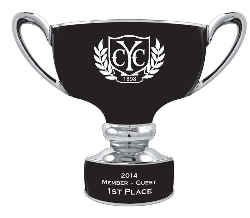 High gloss black & silver glazed ceramic trophy bowl with handles, sand carved logo and or copy - 10" ht.