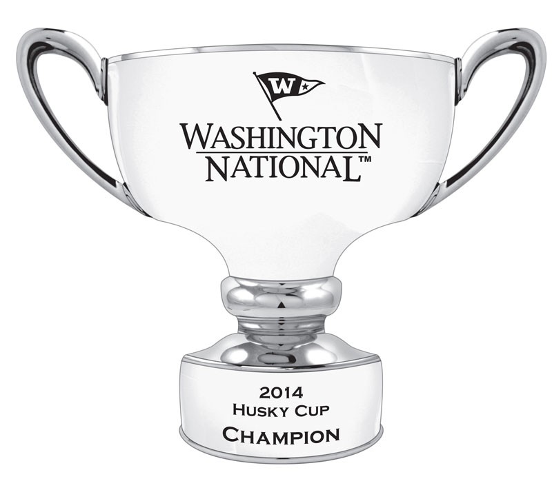 High gloss white & silver glazed ceramic trophy bowl with handles, sand carved logo and or copy - 7" ht.