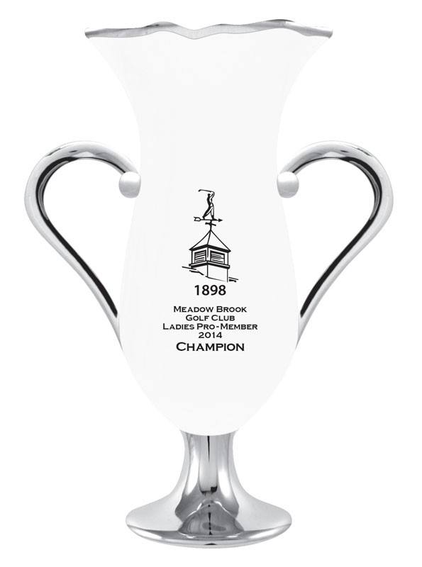 High gloss white & silver glazed ceramic trophy vase with handles, sand carved logo and or copy - 11" ht.