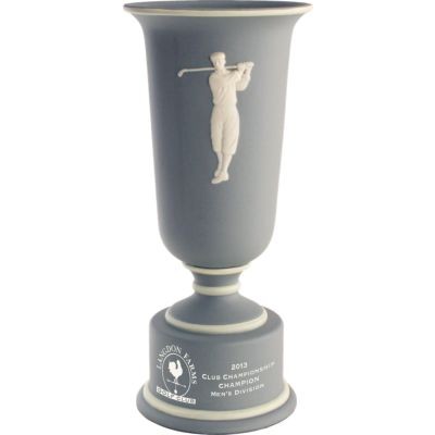 Gray & ivory ceramic trophy with vintage male golfer - 8" ht.
