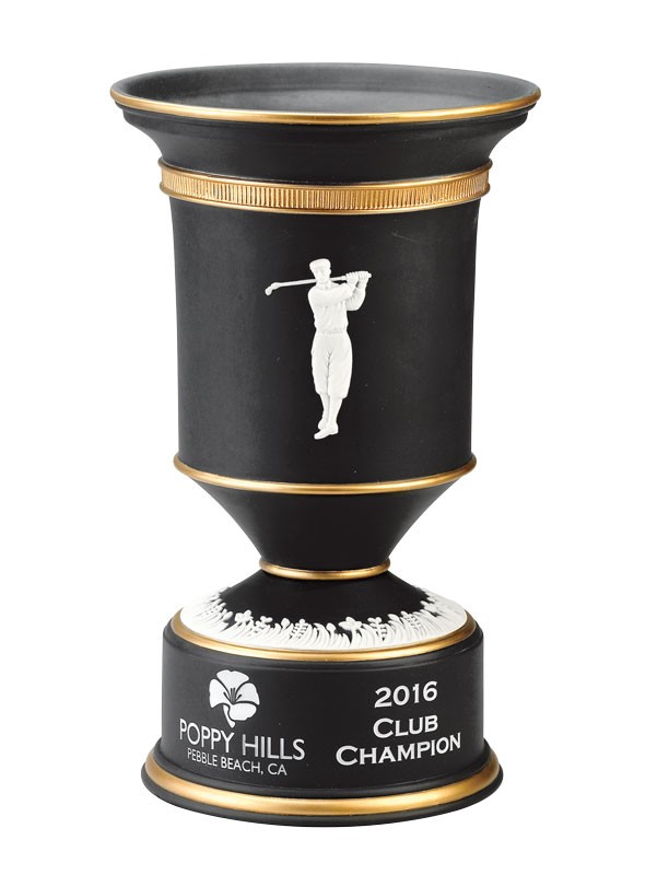 Black & gold ceramic trophy cup with vintage male golfer & sand carved logo & copy - 10 1/2" ht.