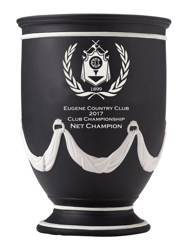 Black & white ceramic cup with sand carved logo & copy - 11” ht.