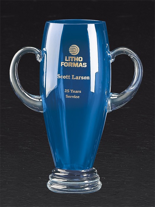 Etched cobalt blue crystal handled trophy cup-10" ht. - Multiple Sizes Available