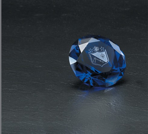 Etched cobalt optic crystal paperweight in satin lined gift box