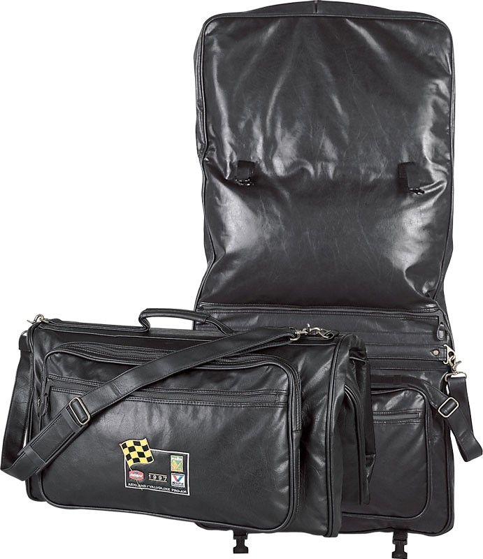 Black 600 denier poly tri-fold garment bag with front gusseted pocket & detachable shoulder strap - 45" x 22 1/4" x 2 1/4"