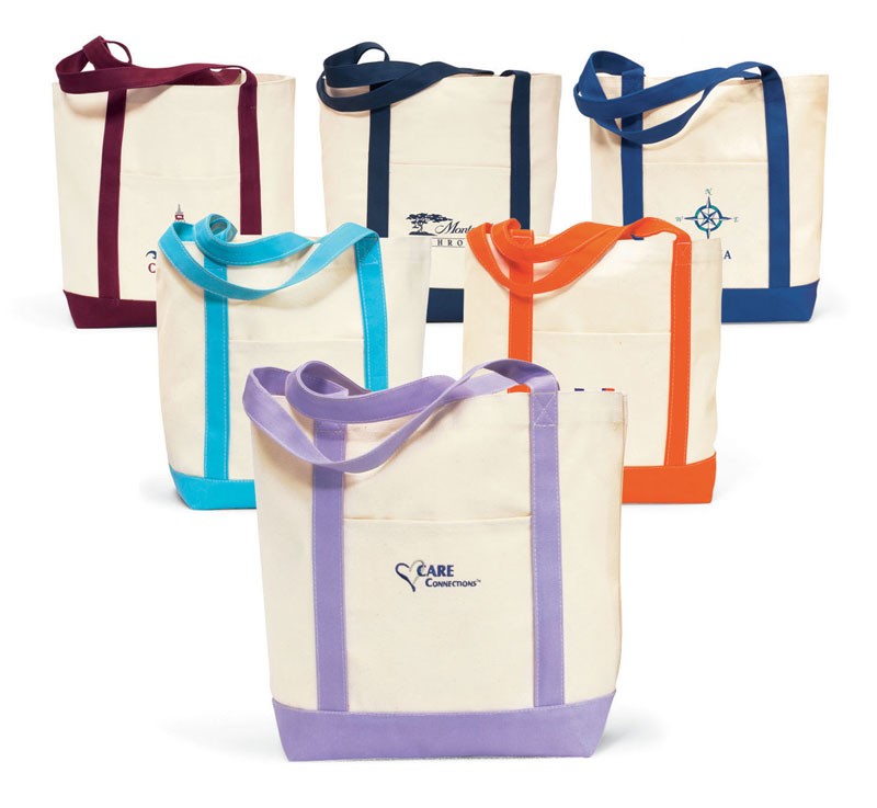 Canvas boat bag with snap closure and outside pocket-available in natural with choice of navy, royal, turquoise, orange or burgundy trim - 18" l. x 14" ht. Includes 1 color imprint - Embroidery available. No minimum blank
