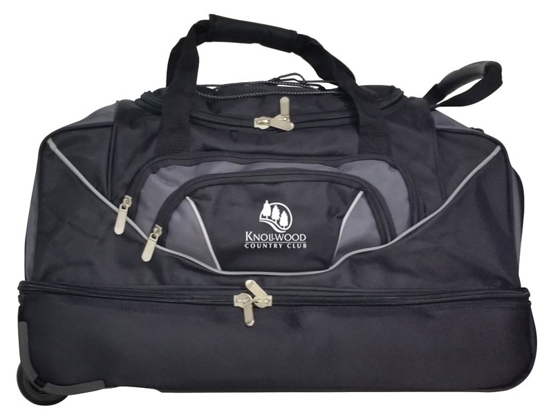 Ballistic nylon rolling duffel with drop bottom lower compartment & 2 front pockets - 22" x 10" x 12"