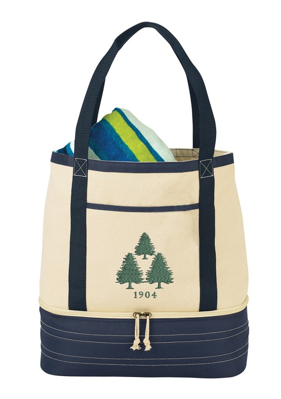 Cotton insulated tote - includes insulated cooler at the bottom that holds 10 cans - 14 3/4" l. x 16 1/2’ h. x 6 1/2" w.