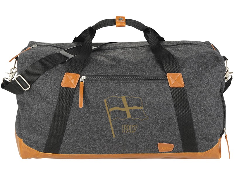 Gray wool & poly duffel bag with tan leather trim & plaid lining - includes vented side pocket - 12" x 22"