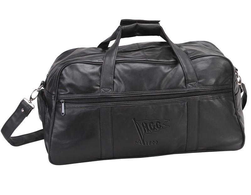 Leather duffel bag with outside ventilated pocket & outside zip pocket - 20" w. x 11" h. x 10" d.