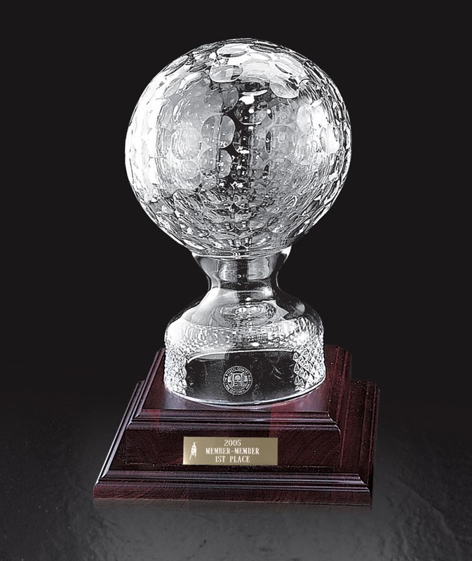 Etched lead cut crystal golf ball on wood base - 11/2" ht.