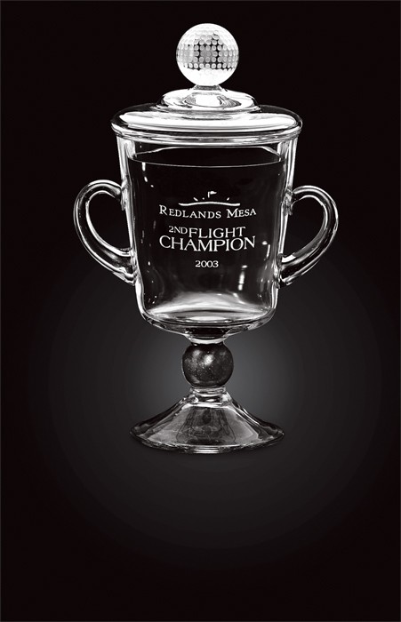 Etched crystal trophy cup with golf ball on lid - Multiple Sizes Available