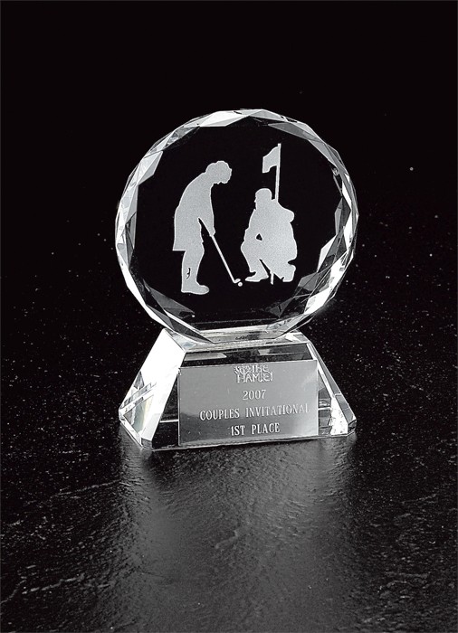 Optic crystal round award with etched mixed couples - Multiple Sizes Available