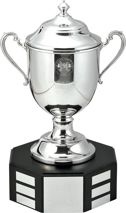 Fine pewter covered trophy cup on mahogany perpetual base