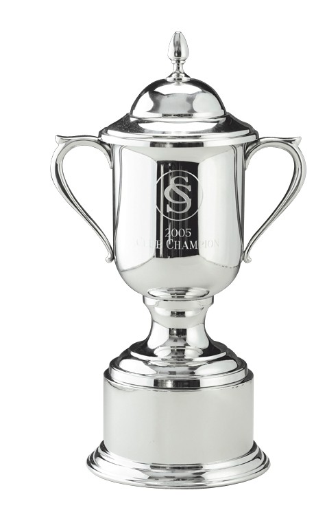 Fine pewter trophy cup and lid on pewter base