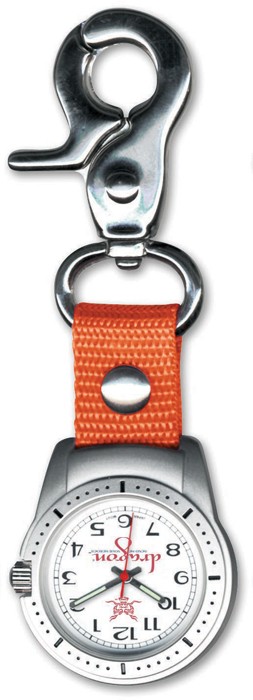 Clip on quartz watch with orange strap