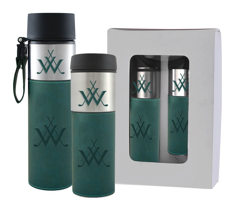 Boxed gift set of leatherette water bottle (24 oz.) & insulated travel tumbler (14 oz)