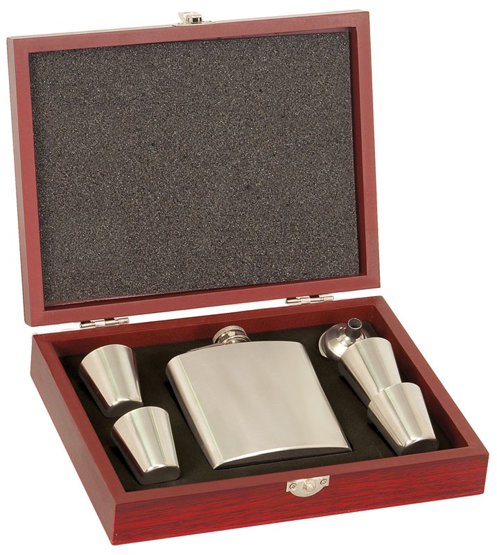 Stainless steel flask set in wood presentation box with flask, 4 glasses & funnel - Includes engraved plate - 9" x 7"