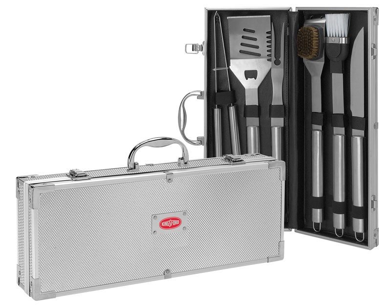 6 piece stainless steel barbeque set in aluminum case - 18" w. x 7" ht.