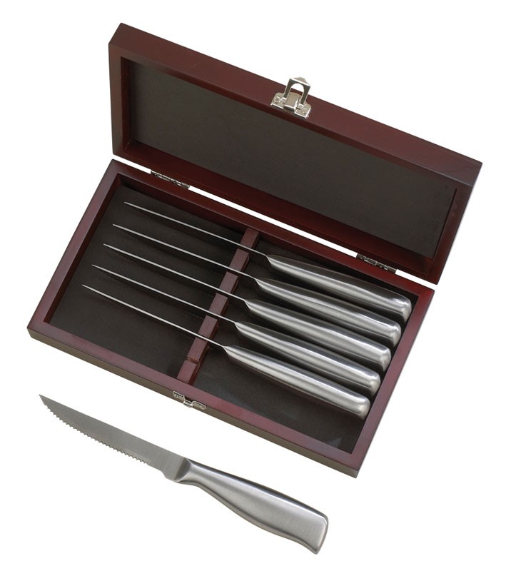 6 piece stainless steel steak knife set in rosewood box - 10 1/4” x 5 3/4”
