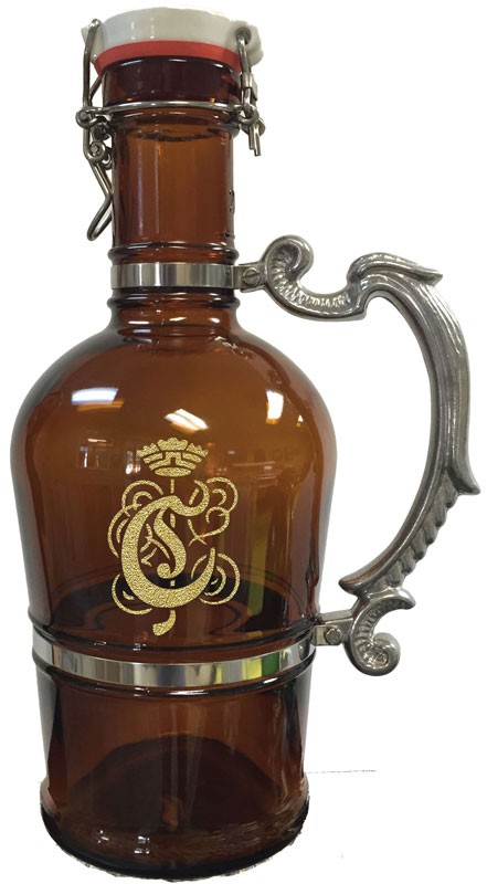 Glass beer growler with silver handle - holds 2 liters