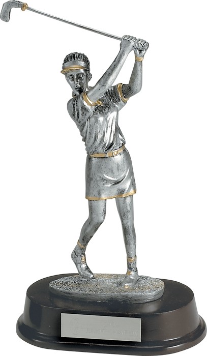 Silver and gold resin female golfer statue on rosewood base