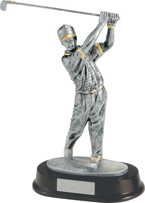 Silver and gold resin male golf statue on rosewood base