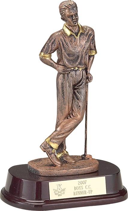 Copper-tone-male golfer on rosewood base