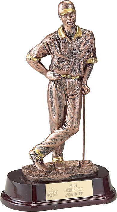 Copper-tone male golfer on rosewood base