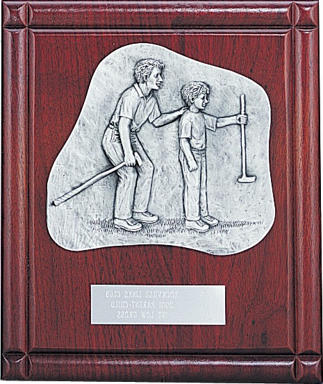 Rosewood and pewter plaque with father & son golf partners
