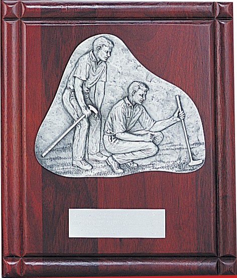 Rosewood and pewter plaque with male golf partners