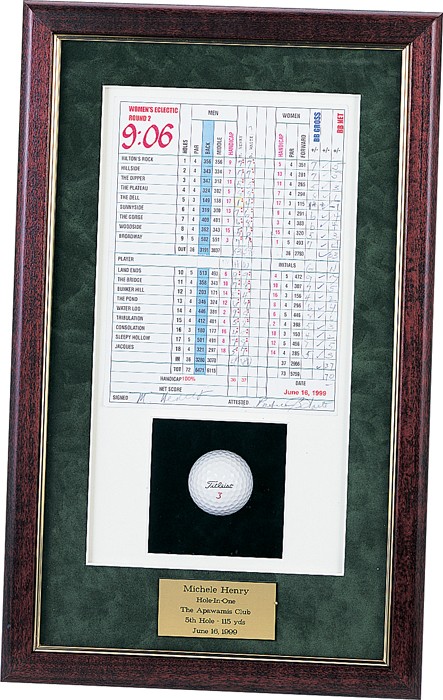Rosewood hole-in-one shadow box-holds scorecard and  ball 