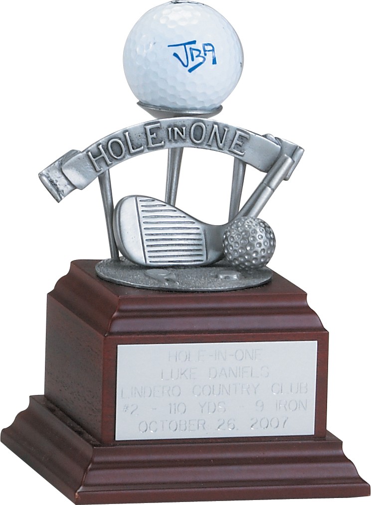 Pewter hole-in-one award on wood base