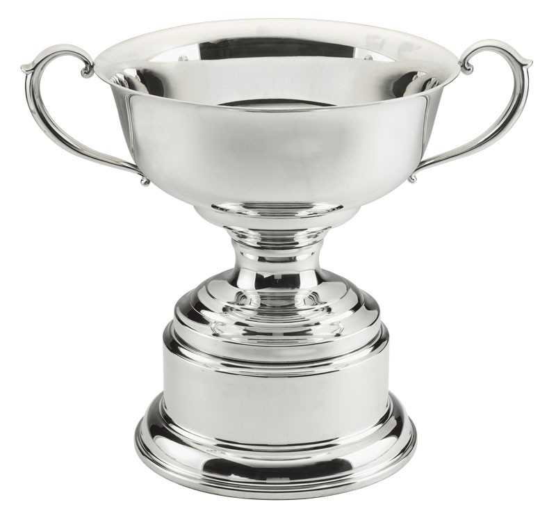 Pewter trophy bowl with handles on pewter base - 12" ht. x 14" w.