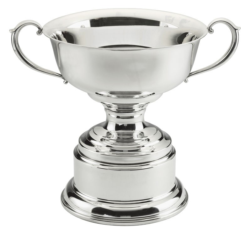 Pewter trophy bowl with handles on pewter base - 7 3/4" ht. x 6 3/4" w.