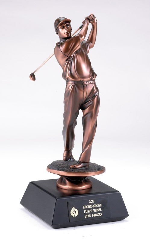 Copper-tone resin male golfer swinging on black wood base - 10" ht.