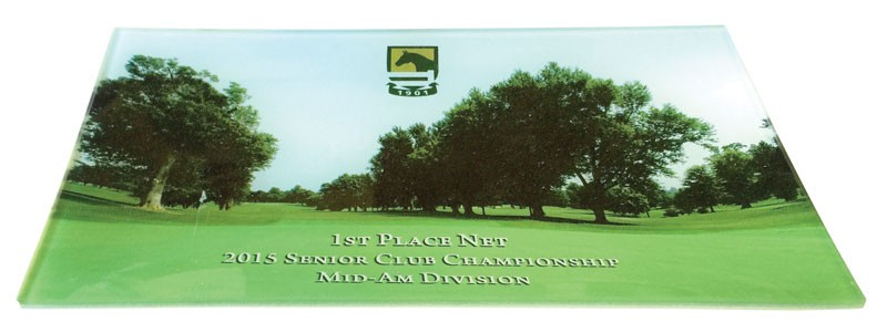 Rectangular glass tray with image provided by customer-includes logo & copy - 10" w. x 6" ht.