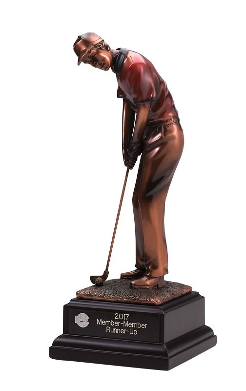 Copper-tone resin sculpture of male golfer - 10 1/2” ht.