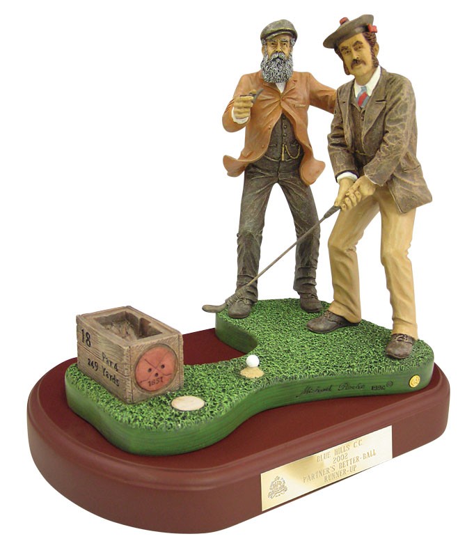 Painted resin sculpture of Old Tom Morris & son - 8” h.