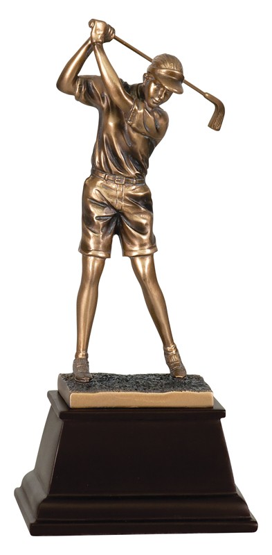 Copper-tone resin female golfer swinging - 9 1/2" ht.
