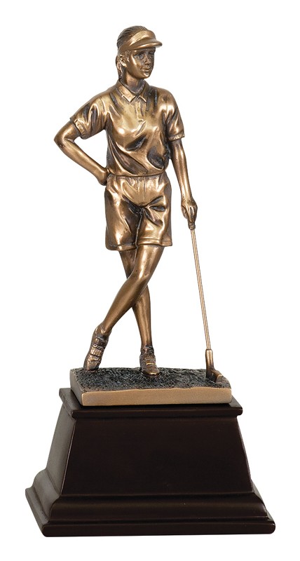 Copper-tone resin female golfer standing - 9 1/2" ht.