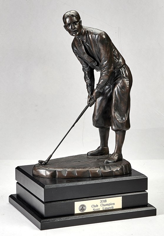Antique bronze vintage golfer on perpetual 3 tier black wood base - 17" ht.